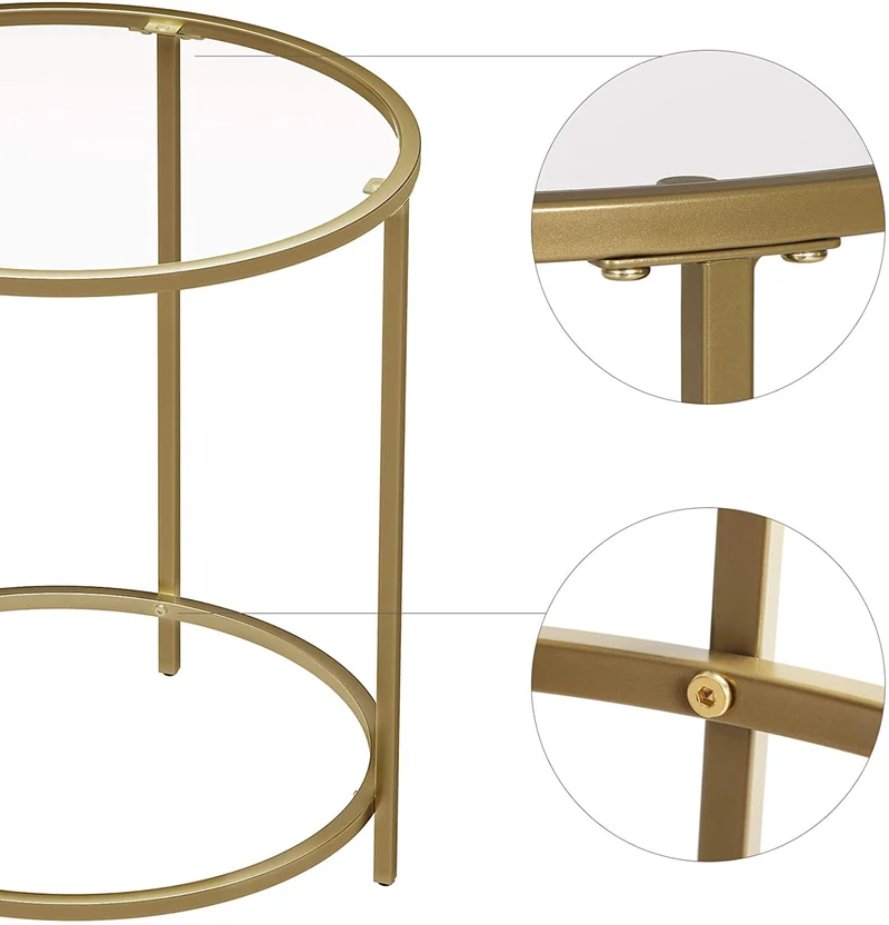 Table d 'appoint ronde dessus en verre trempé cadre en métal bout de canapé table console table de chevet pour salon balcon doré 12_0001028/2
