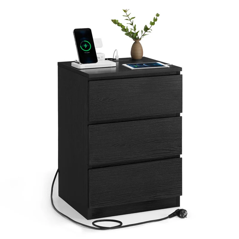Table de chevet avec multiprise table d’appoint avec 3 tiroirs 2 prises ca 2 ports usb façades de tiroirs biseautées pour salon chambre bureau moderne noir 12_0007609