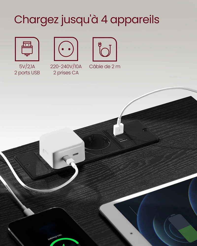 Table de chevet avec multiprise table d’appoint avec 3 tiroirs 2 prises ca 2 ports usb façades de tiroirs biseautées pour salon chambre bureau moderne noir 12_0007609