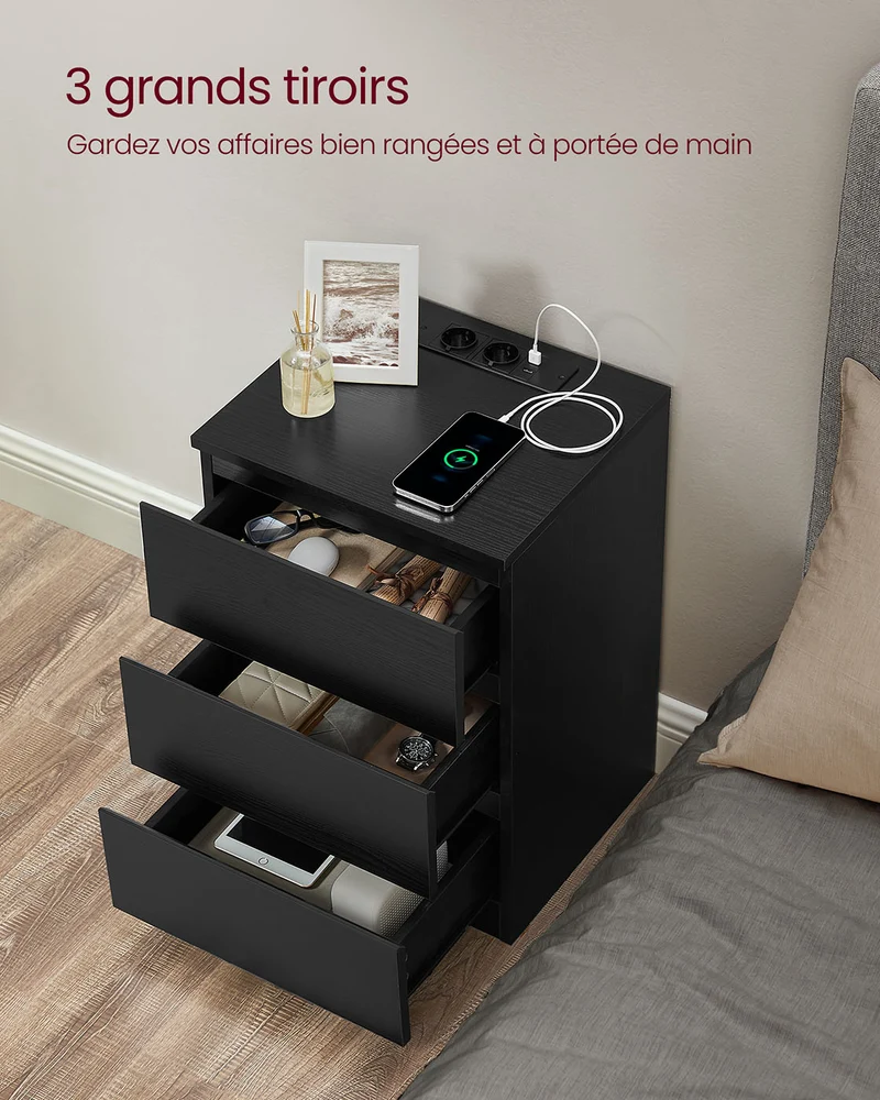Table de chevet avec multiprise table d’appoint avec 3 tiroirs 2 prises ca 2 ports usb façades de tiroirs biseautées pour salon chambre bureau moderne noir 12_0007609