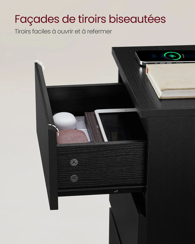 Table de chevet avec multiprise table d’appoint avec 3 tiroirs 2 prises ca 2 ports usb façades de tiroirs biseautées pour salon chambre bureau moderne noir 12_0007609