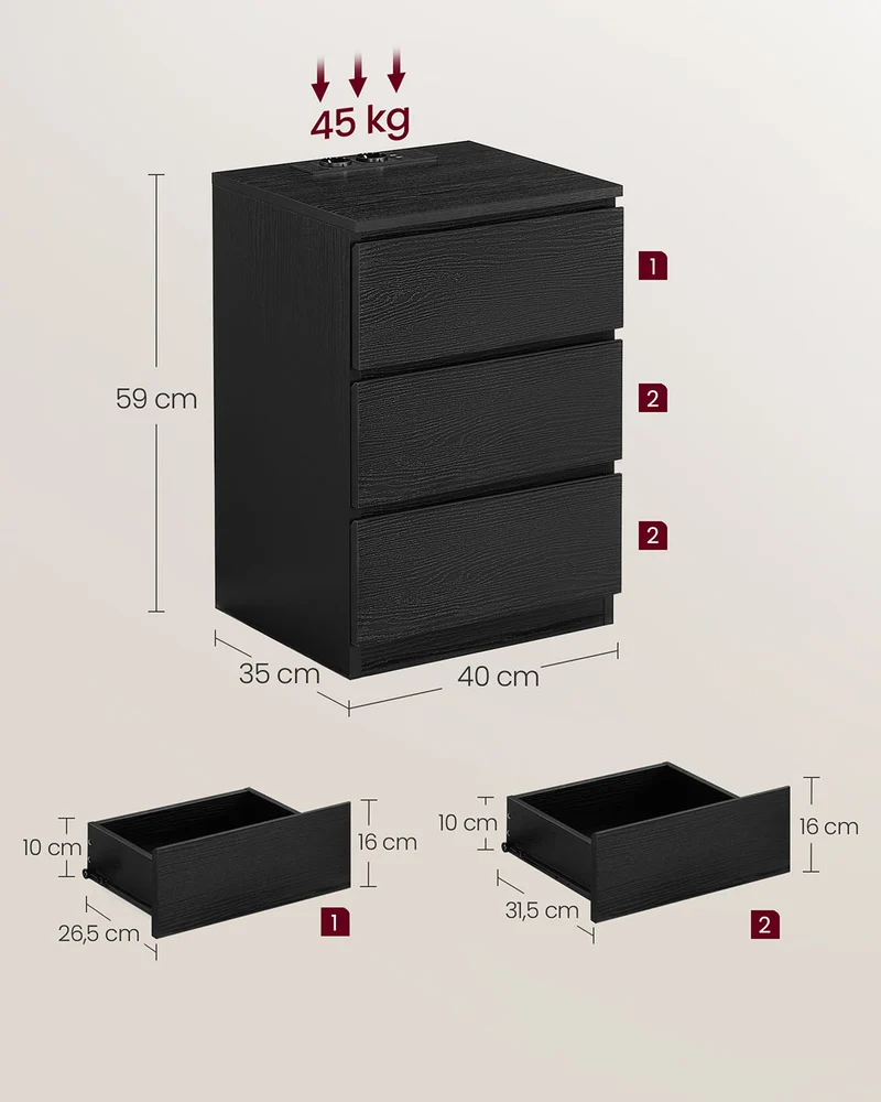 Table de chevet avec multiprise table d’appoint avec 3 tiroirs 2 prises ca 2 ports usb façades de tiroirs biseautées pour salon chambre bureau moderne noir 12_0007609
