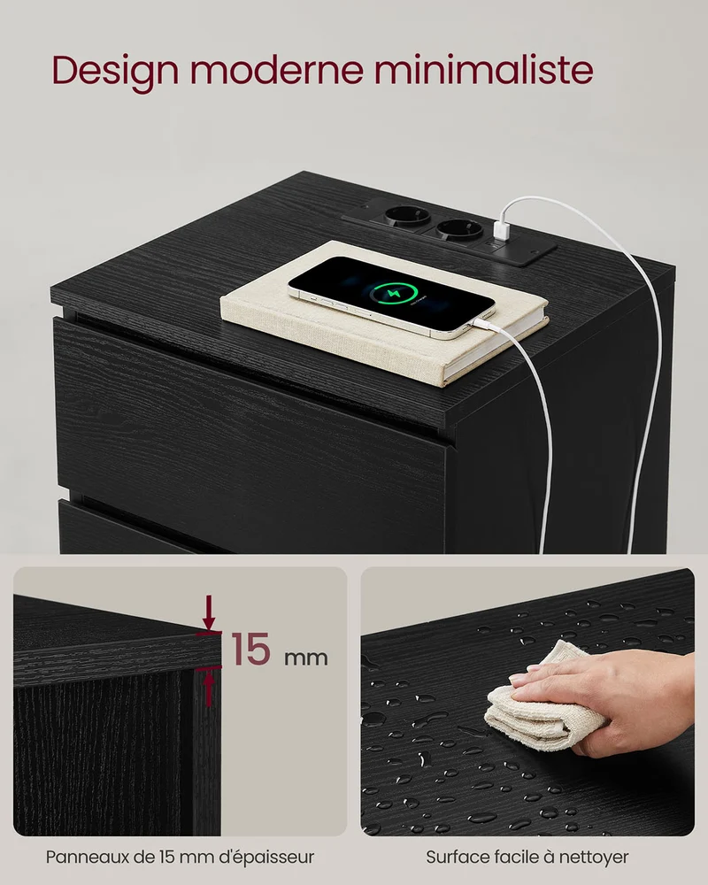 Table de chevet avec multiprise table d’appoint avec 3 tiroirs 2 prises ca 2 ports usb façades de tiroirs biseautées pour salon chambre bureau moderne noir 12_0007609