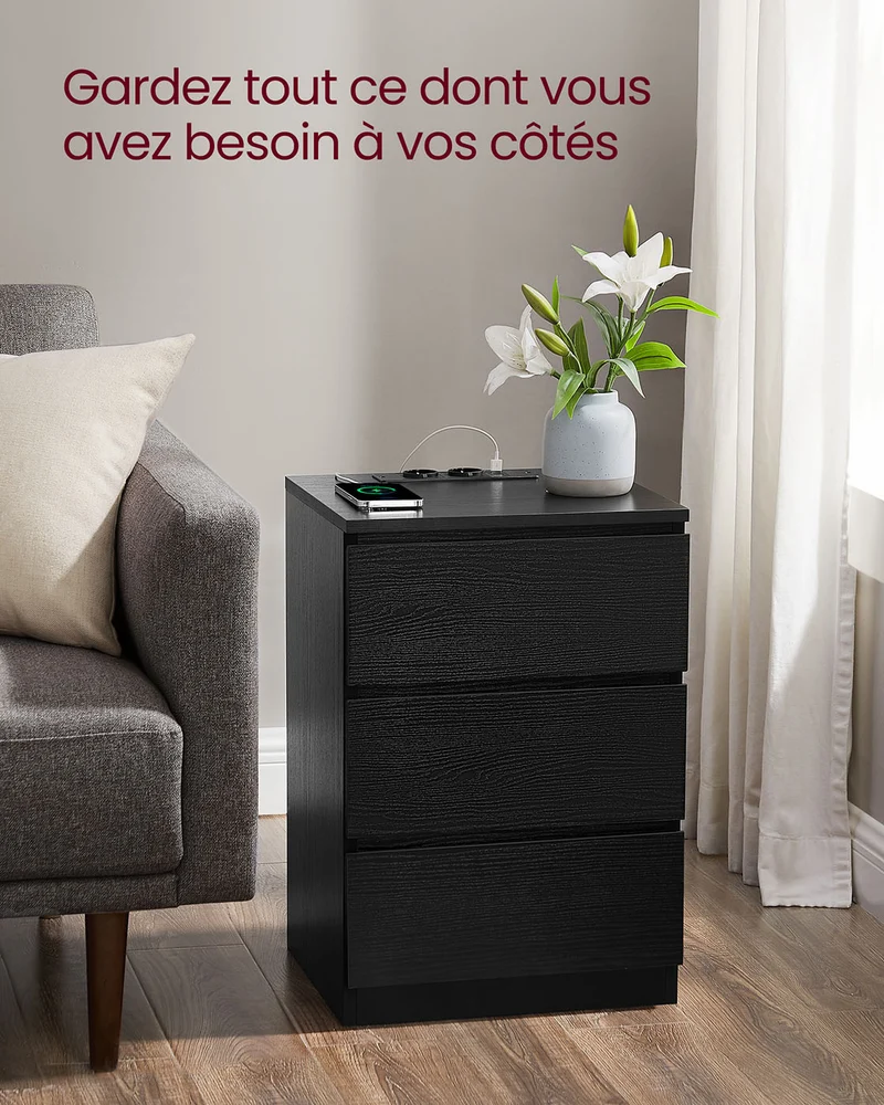 Table de chevet avec multiprise table d’appoint avec 3 tiroirs 2 prises ca 2 ports usb façades de tiroirs biseautées pour salon chambre bureau moderne noir 12_0007609