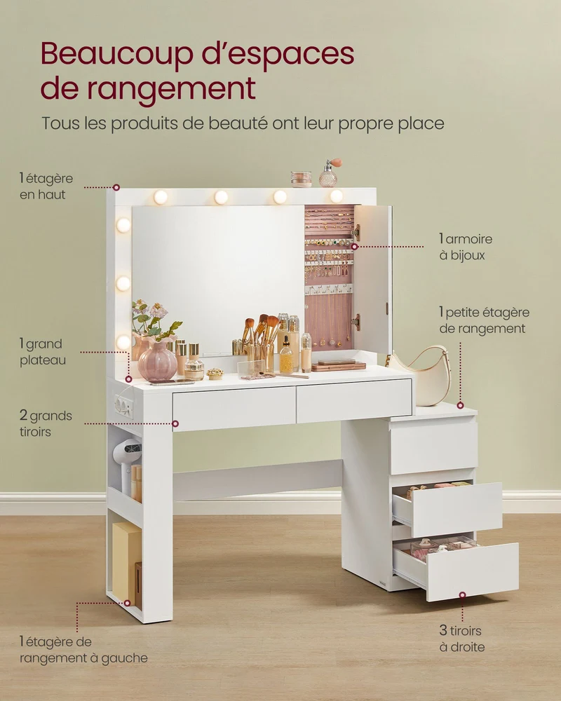 Coiffeuse table de maquillage avec tiroir avec éclairage led et miroir armoire à bijoux multiprise 40 x 125 x 140 cm conception moderne blanc nuage 12_0005180