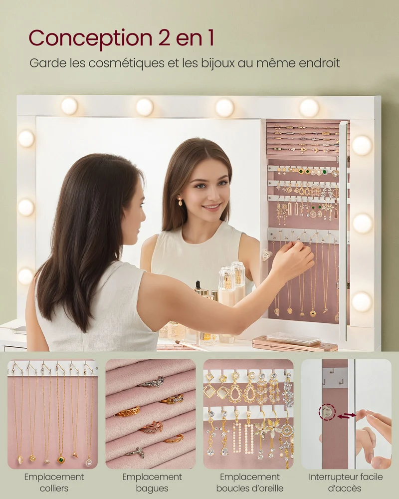 Coiffeuse table de maquillage avec tiroir avec éclairage led et miroir armoire à bijoux multiprise 40 x 125 x 140 cm conception moderne blanc nuage 12_0005180