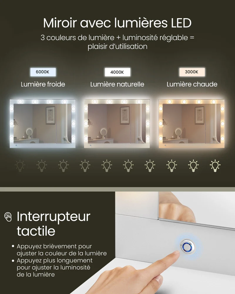 Coiffeuse table de maquillage avec tiroir avec éclairage led et miroir armoire à bijoux multiprise 40 x 125 x 140 cm conception moderne blanc nuage 12_0005180