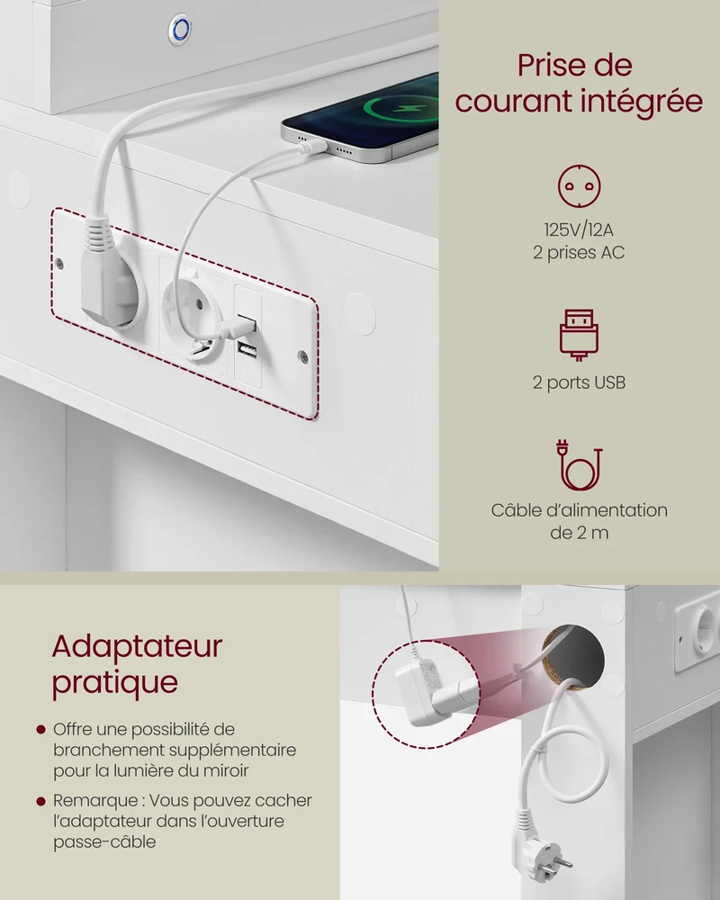 Coiffeuse table de maquillage avec tiroir avec éclairage led et miroir armoire à bijoux multiprise 40 x 125 x 140 cm conception moderne blanc nuage 12_0005180