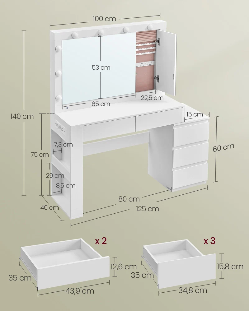Coiffeuse table de maquillage avec tiroir avec éclairage led et miroir armoire à bijoux multiprise 40 x 125 x 140 cm conception moderne blanc nuage 12_0005180