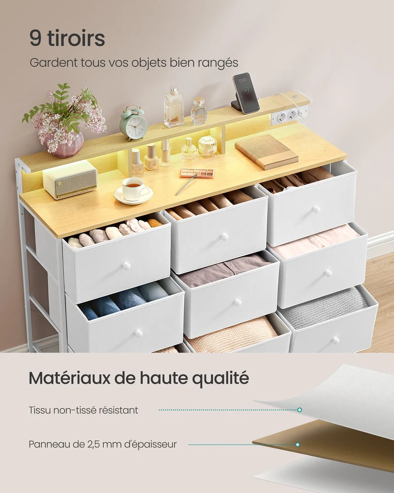 Commode meuble de rangement avec 9 tiroirs et éclairage led multiprise cadre en acier 335 x 114 x 84 cm pour chambre salon blanc nuage 12_0005214