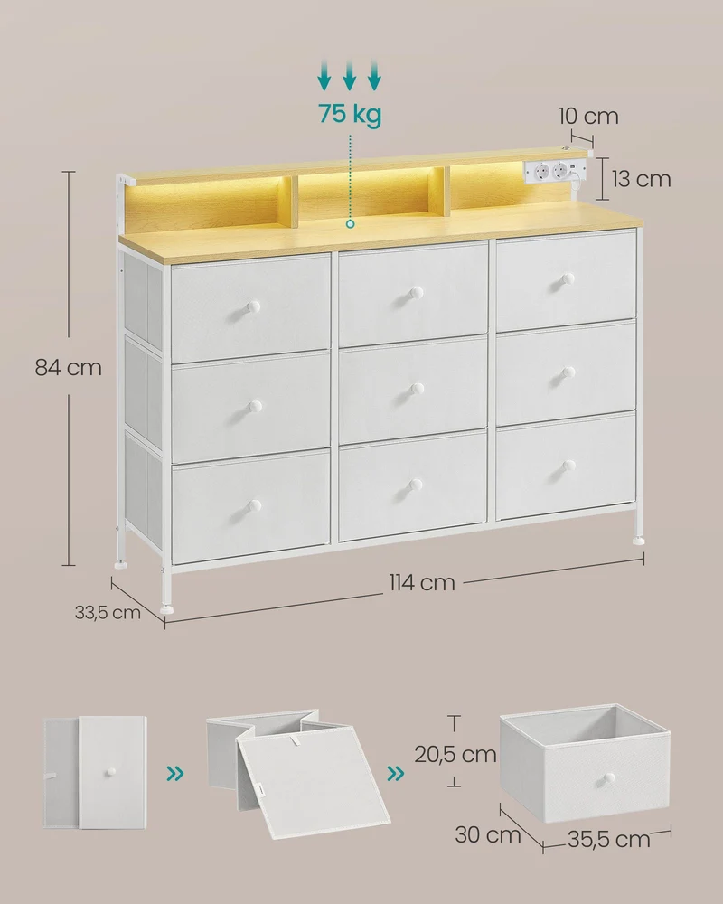 Commode meuble de rangement avec 9 tiroirs et éclairage led multiprise cadre en acier 335 x 114 x 84 cm pour chambre salon blanc nuage 12_0005214