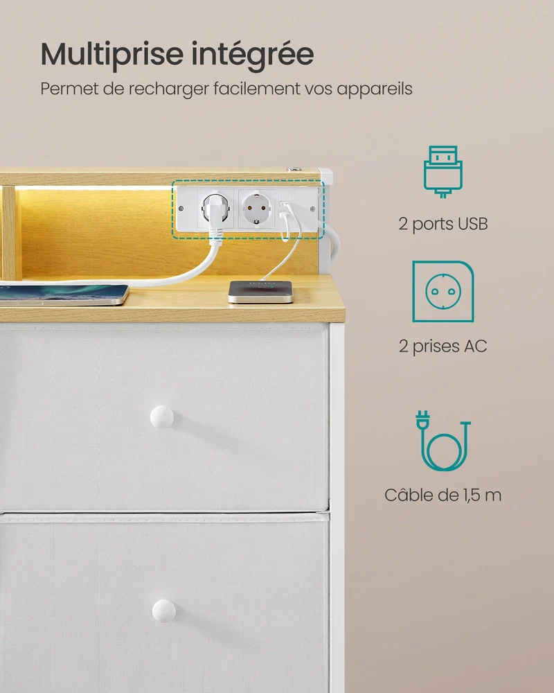 Commode meuble de rangement avec 9 tiroirs et éclairage led multiprise cadre en acier 335 x 114 x 84 cm pour chambre salon blanc nuage 12_0005214