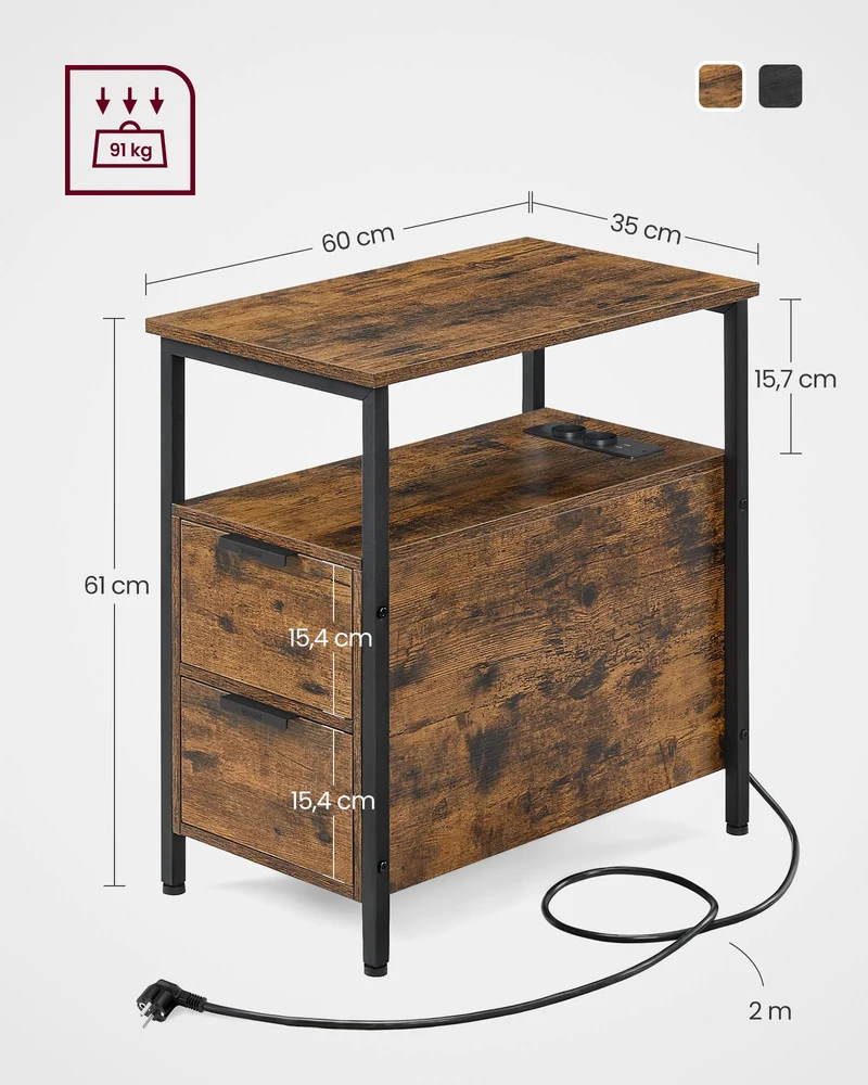 Table d’appoint avec multiprise petite table fine 60 x 35 x 61 cm avec 2 tiroirs table de chevet avec rangement pour salon chambre marron rustique et noir classique 12_0007550