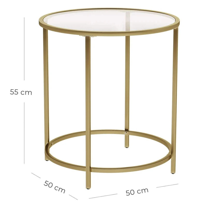 Table d’appoint ronde plateau en verre trempé 50 x 50 x 55 cm armature métallique dorée bout de canapé table console table de chevet salon balcon robuste et stable décoratif doré 12_0007566