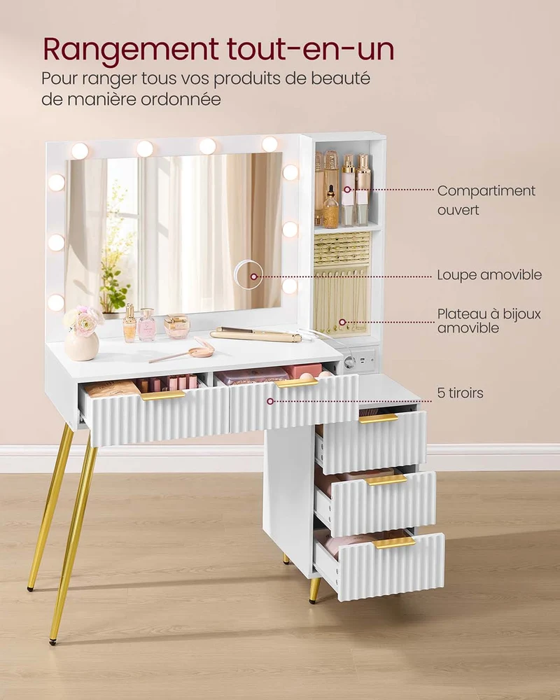 Coiffeuse avec miroir et tabouret table de maquillage 40 x 110 x 135 cm avec tiroirs loupe éclairage led plateau à bijoux multiprise blanc 12_0008057