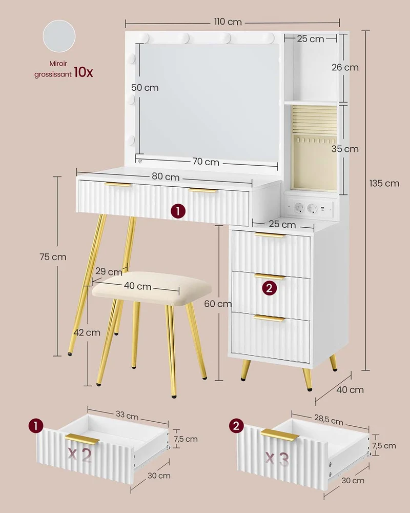 Coiffeuse avec miroir et tabouret table de maquillage 40 x 110 x 135 cm avec tiroirs loupe éclairage led plateau à bijoux multiprise blanc 12_0008057
