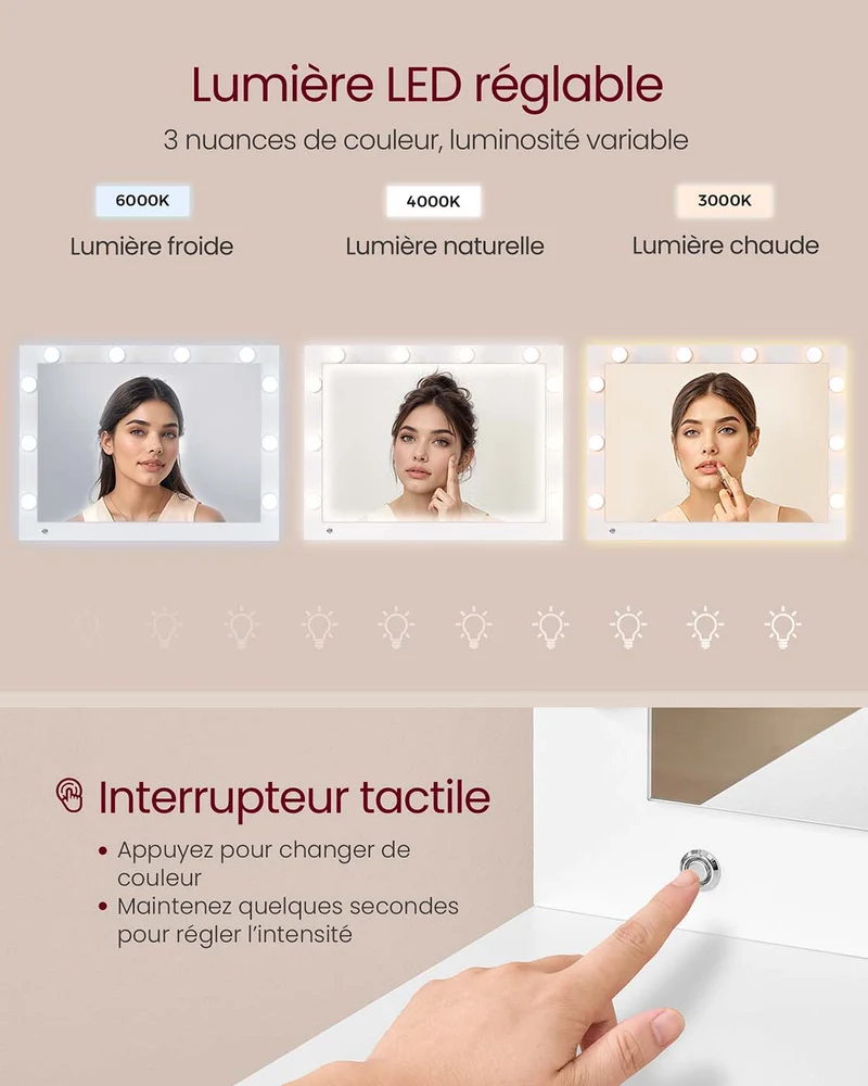 Coiffeuse avec miroir et tabouret table de maquillage 40 x 110 x 135 cm avec tiroirs loupe éclairage led plateau à bijoux multiprise blanc 12_0008057