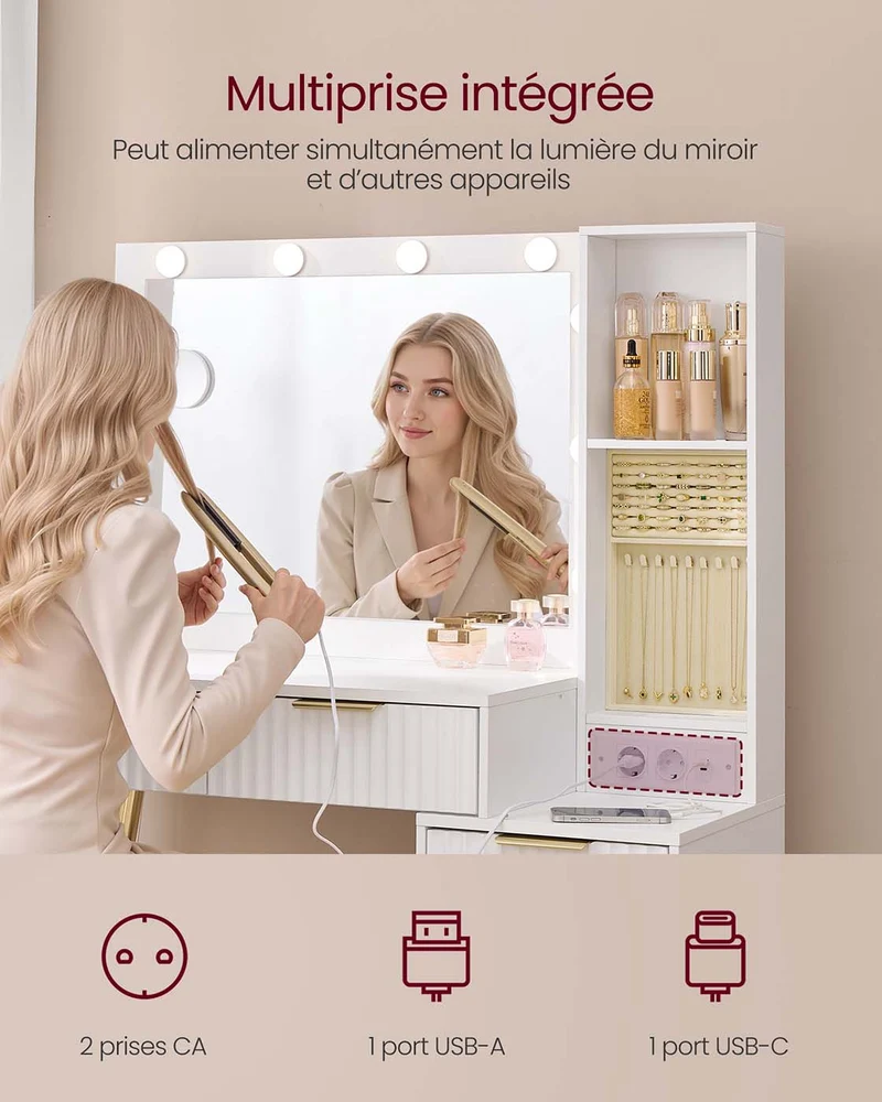 Coiffeuse avec miroir et tabouret table de maquillage 40 x 110 x 135 cm avec tiroirs loupe éclairage led plateau à bijoux multiprise blanc 12_0008057