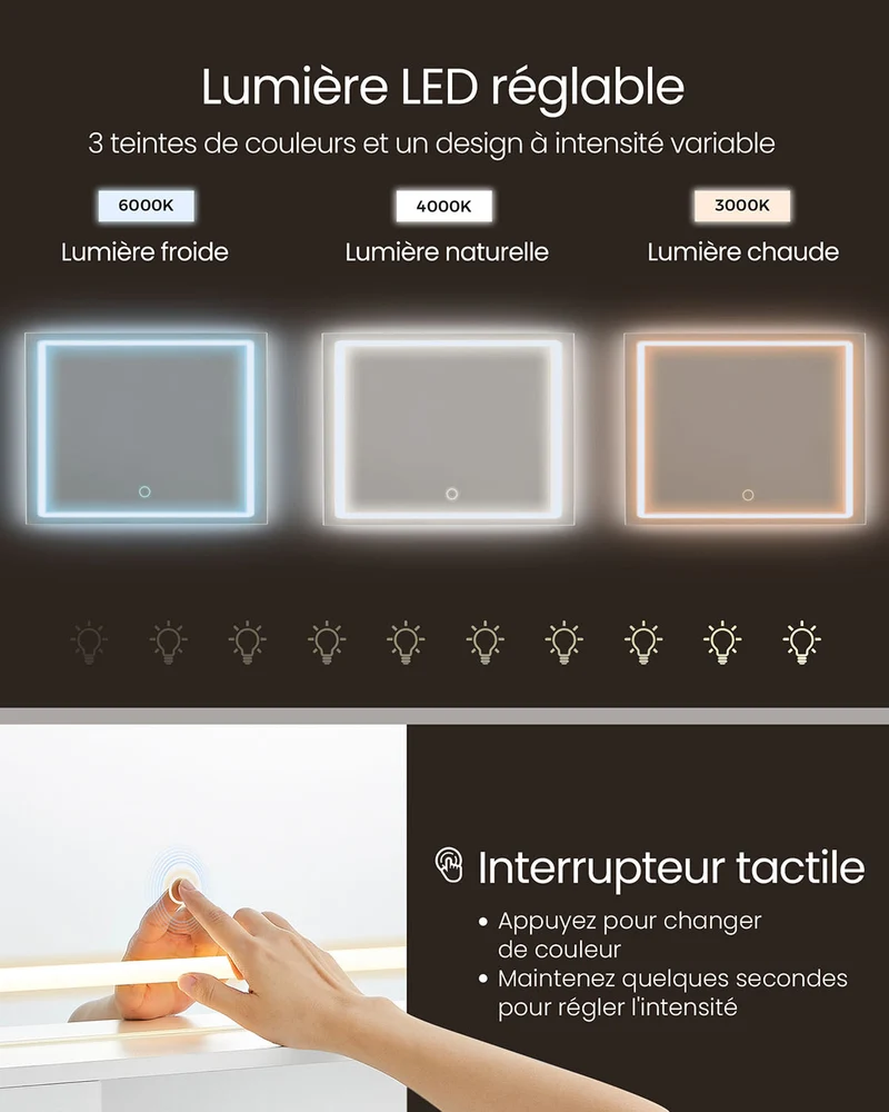 Coiffeuse avec miroir et lumière table de maquillage largeur de 90 cm tiroir étagères réglables prise de courant rangement pour bijoux pour chambre blanc 12_0005159