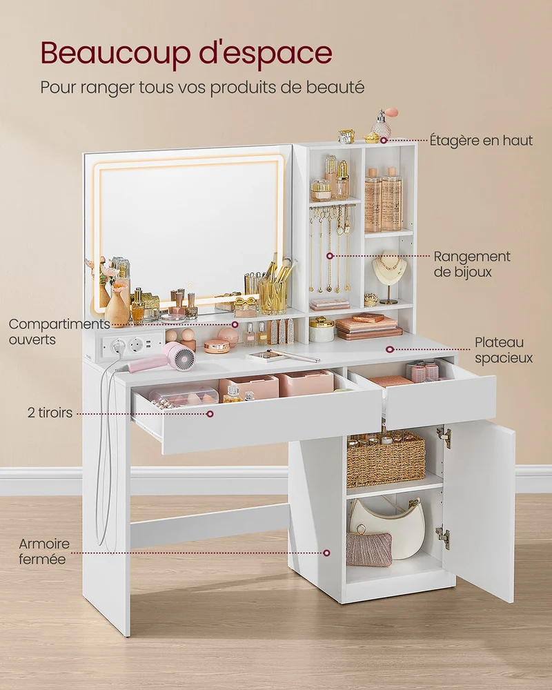 Coiffeuse avec miroir et lumière table de maquillage largeur de 90 cm tiroir étagères réglables prise de courant rangement pour bijoux pour chambre blanc 12_0005159
