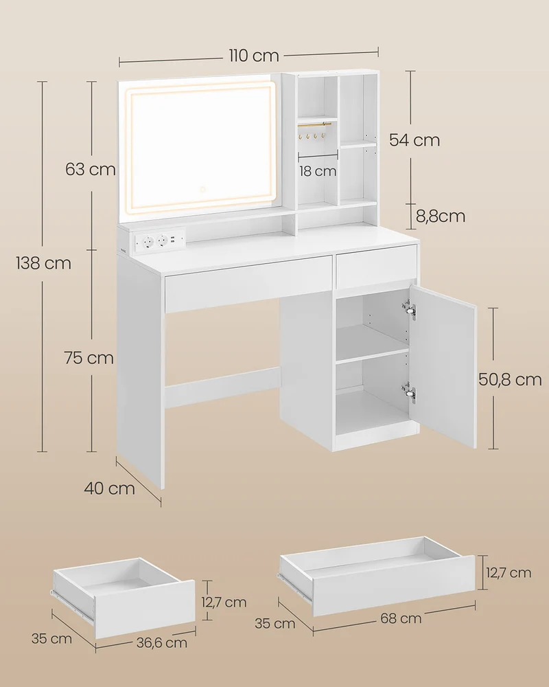 Coiffeuse avec miroir et lumière table de maquillage largeur de 90 cm tiroir étagères réglables prise de courant rangement pour bijoux pour chambre blanc 12_0005159
