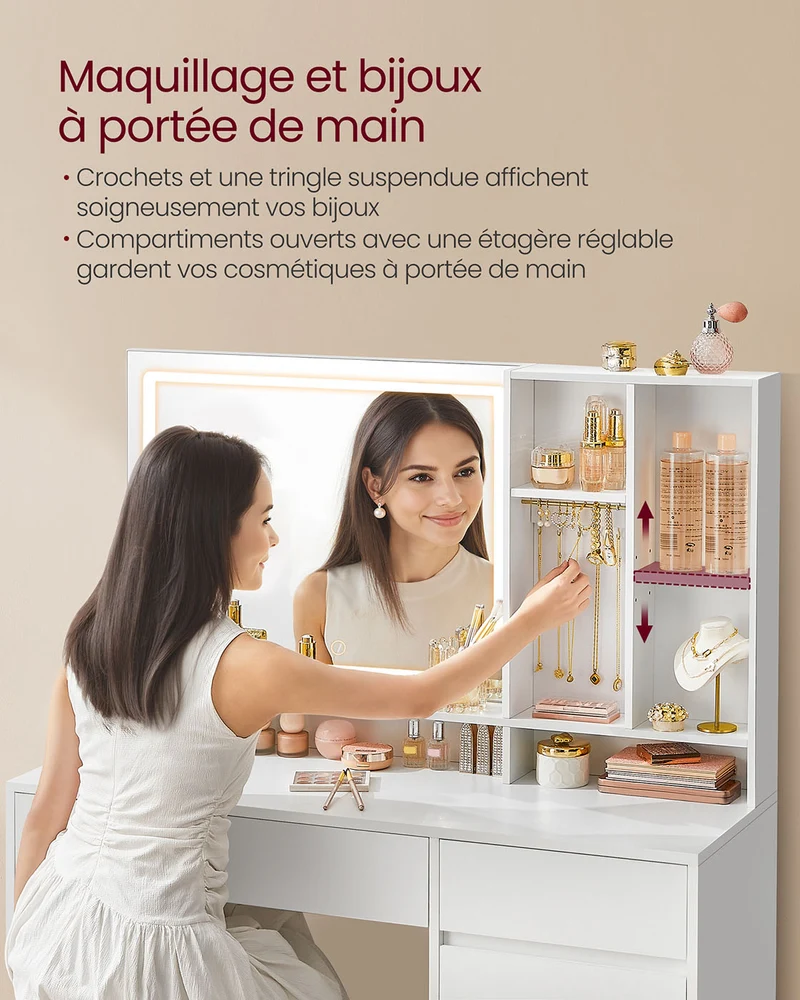 Coiffeuse avec miroir et lumière table de maquillage largeur de 90 cm tiroir étagères réglables prise de courant rangement pour bijoux pour chambre blanc 12_0005159