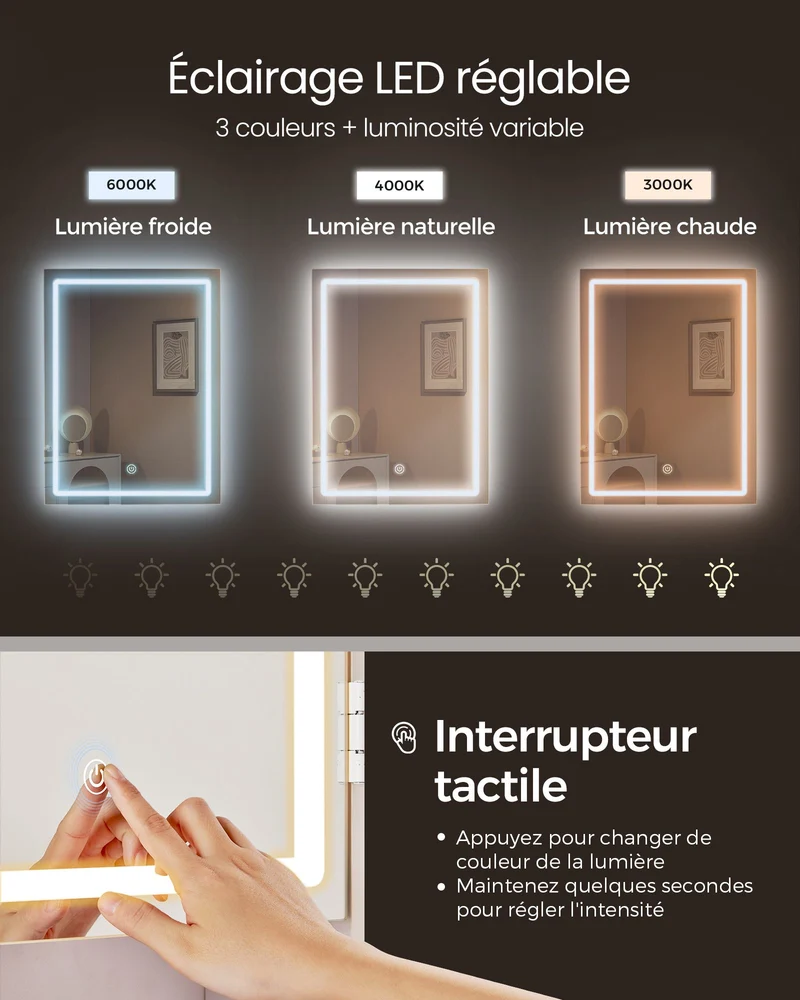 Coiffeuse avec led 3 luminosités réglables 40 x 97,5 x 145 cm table de maquillage avec miroir tiroirs compartiments ouverts tabouret étagères réglables moderne blanc nuage 12_0005154