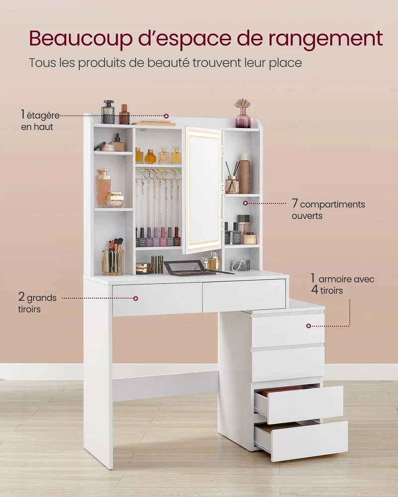 Coiffeuse avec led 3 luminosités réglables 40 x 97,5 x 145 cm table de maquillage avec miroir tiroirs compartiments ouverts tabouret étagères réglables moderne blanc nuage 12_0005154