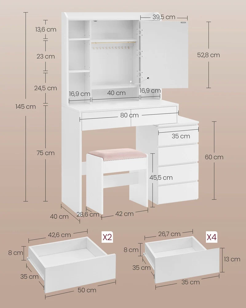 Coiffeuse avec led 3 luminosités réglables 40 x 97,5 x 145 cm table de maquillage avec miroir tiroirs compartiments ouverts tabouret étagères réglables moderne blanc nuage 12_0005154