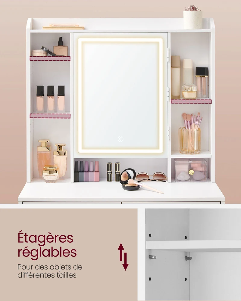 Coiffeuse avec led 3 luminosités réglables 40 x 97,5 x 145 cm table de maquillage avec miroir tiroirs compartiments ouverts tabouret étagères réglables moderne blanc nuage 12_0005154