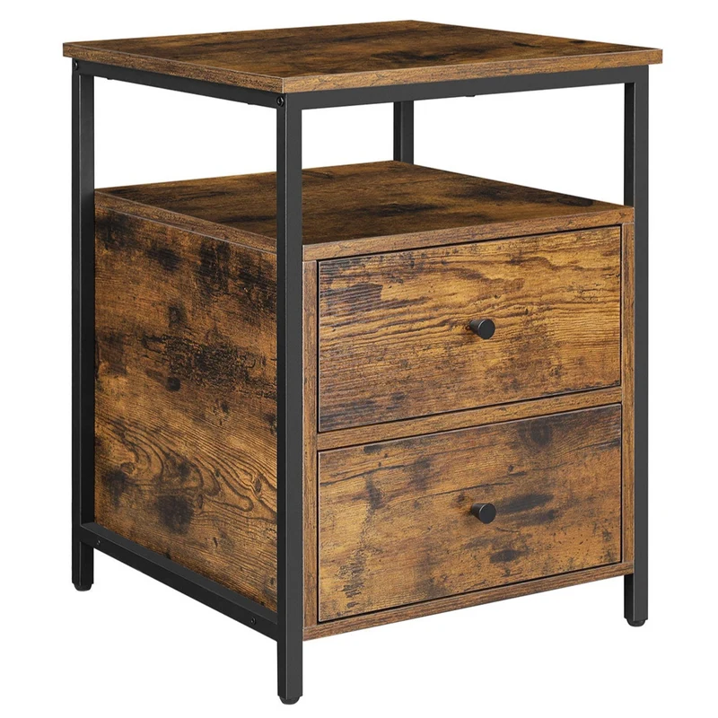 Table de chevet table d'appoint avec compartiment ouvert 2 tiroirs pour salon chambre 60 cm marron rustique et noir 12_0003001