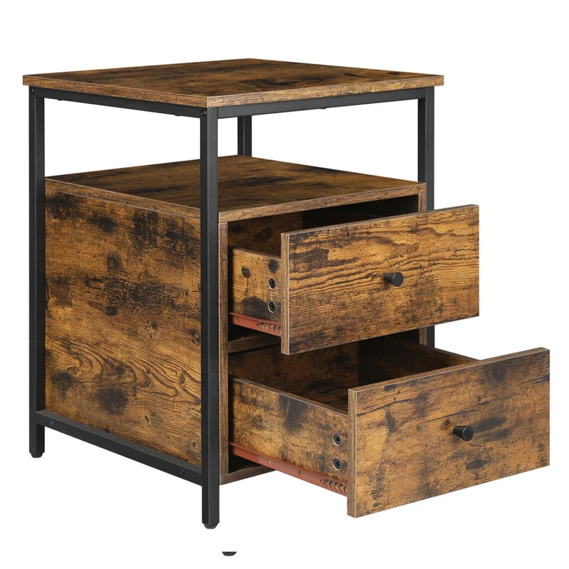 Table de chevet table d'appoint avec compartiment ouvert 2 tiroirs pour salon chambre 60 cm marron rustique et noir 12_0003001