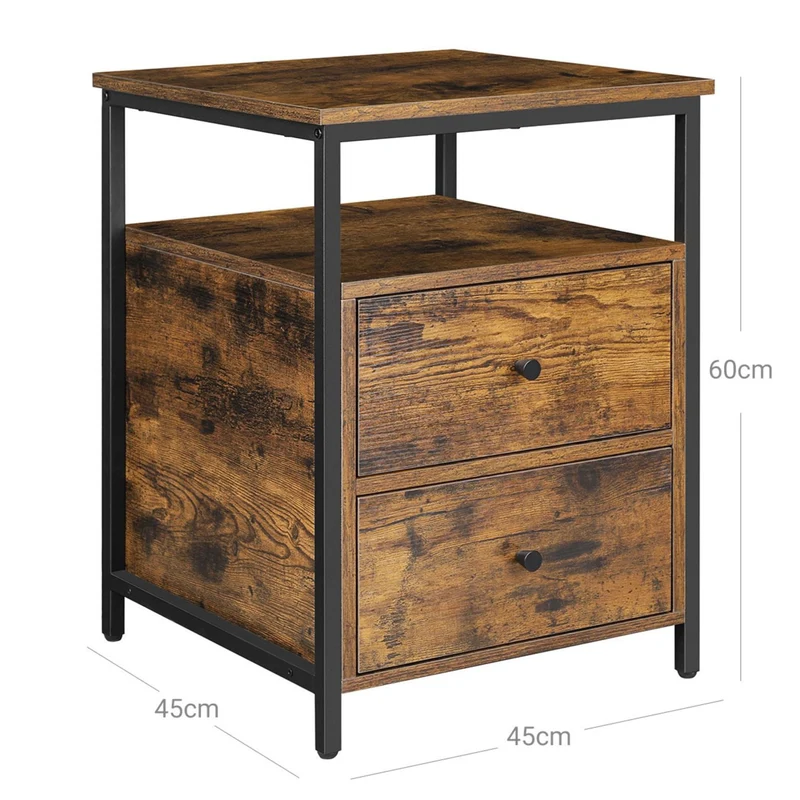 Table de chevet table d'appoint avec compartiment ouvert 2 tiroirs pour salon chambre 60 cm marron rustique et noir 12_0003001