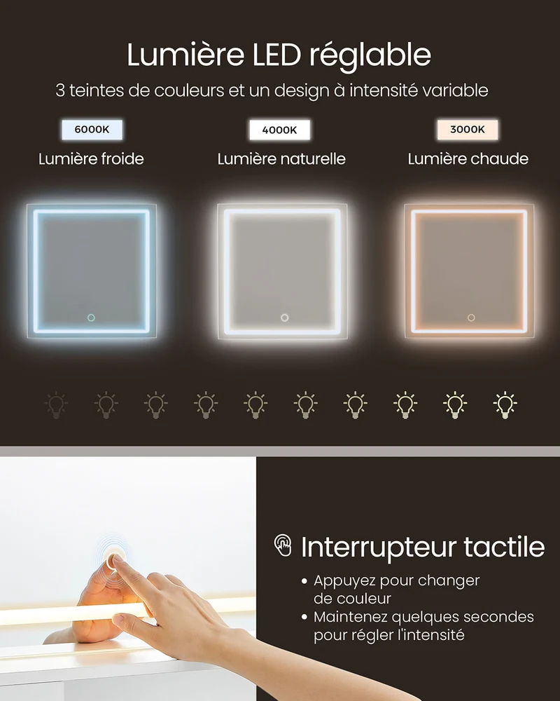 Coiffeuse avec miroir et lumière table de maquillage 40 x 90 x 138 cm tiroir étagères réglables prise de courant rangement pour bijoux pour chambre blanc nuage 12_0005158