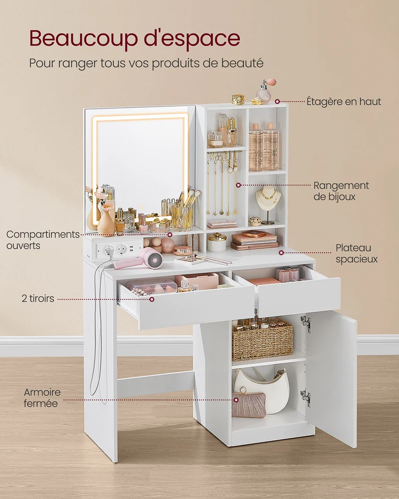 Coiffeuse avec miroir et lumière table de maquillage 40 x 90 x 138 cm tiroir étagères réglables prise de courant rangement pour bijoux pour chambre blanc nuage 12_0005158