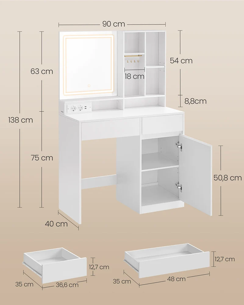 Coiffeuse avec miroir et lumière table de maquillage 40 x 90 x 138 cm tiroir étagères réglables prise de courant rangement pour bijoux pour chambre blanc nuage 12_0005158