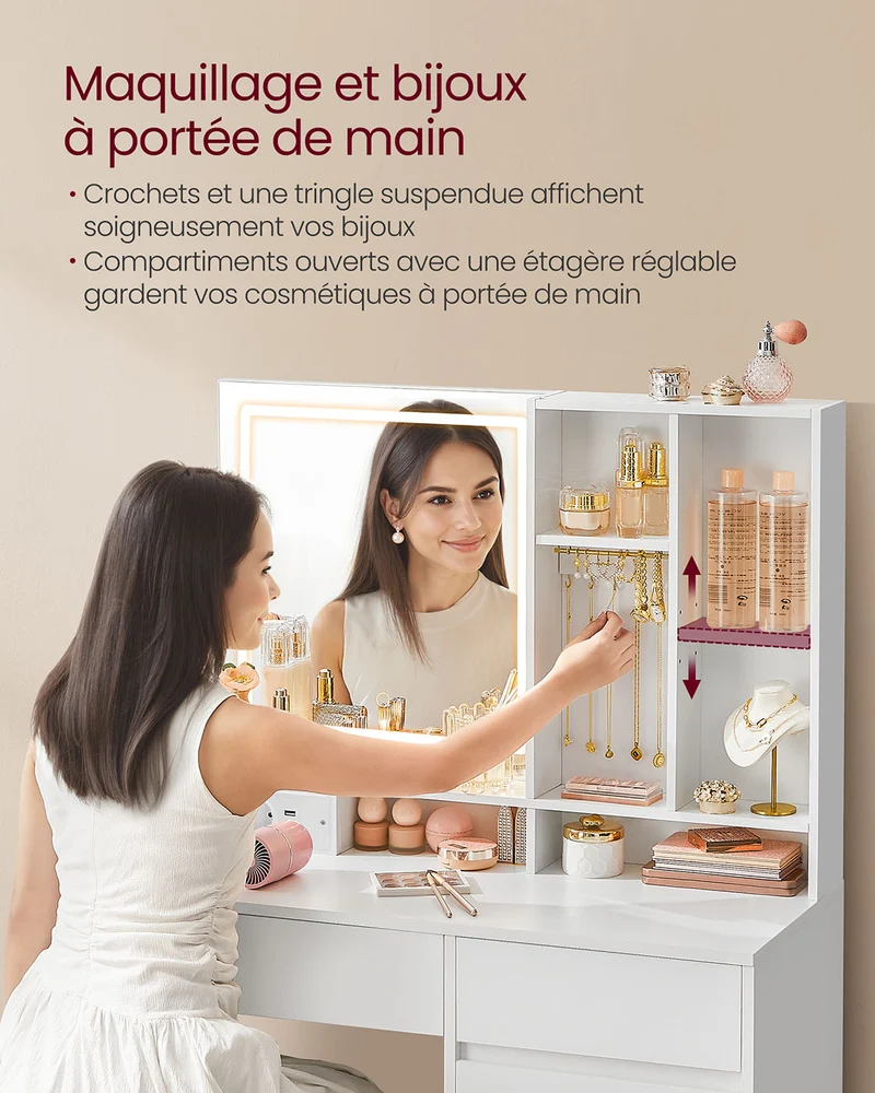 Coiffeuse avec miroir et lumière table de maquillage 40 x 90 x 138 cm tiroir étagères réglables prise de courant rangement pour bijoux pour chambre blanc nuage 12_0005158