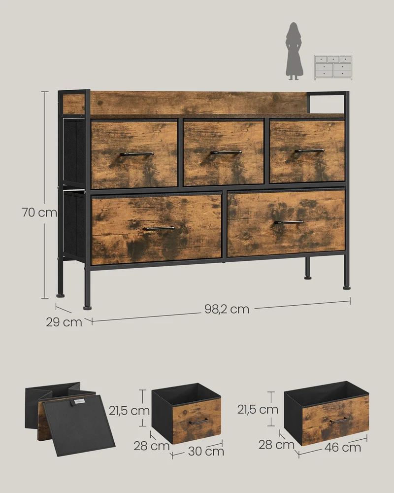 Commode en tissu 29 x 98,2 x 70 cm meuble de rangement avec 7 tiroirs à 3 niveaux avec poignées en métal style industriel marron 12_0005209