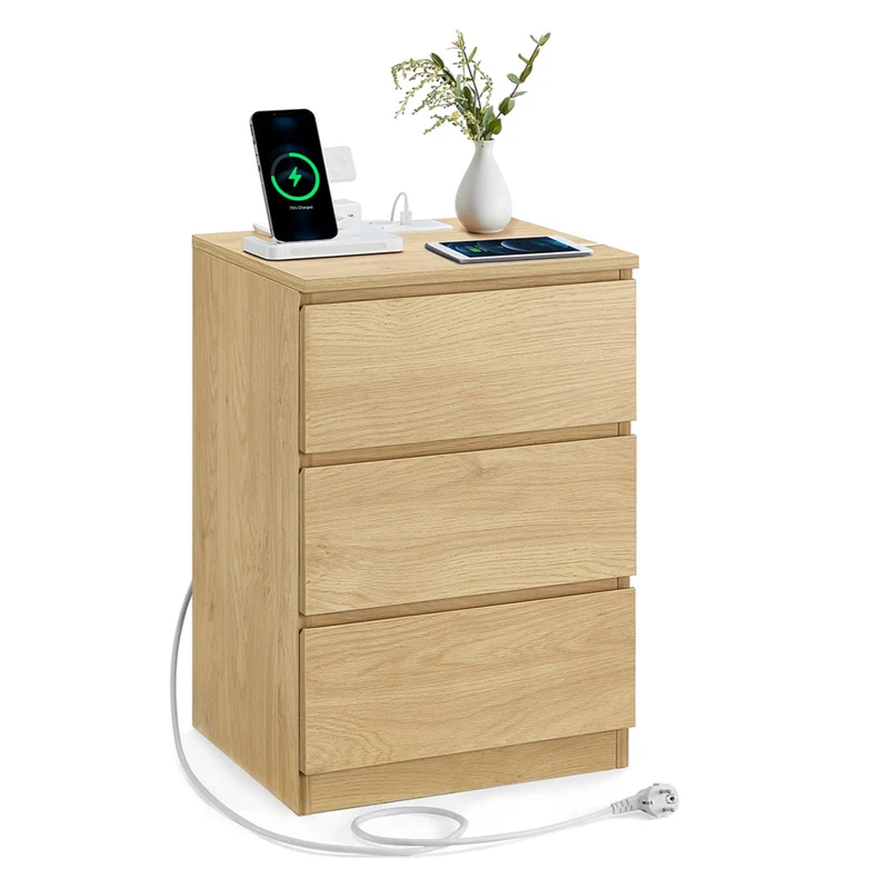 Table de chevet avec multiprise table d’appoint avec 3 tiroirs 2 prises ca 2 ports USB façades de tiroirs biseautées pour salon chambre bureau moderne 12_0007613