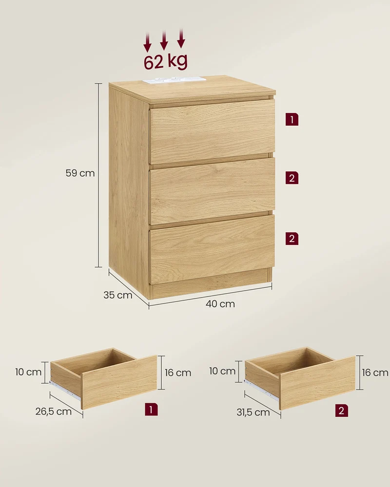 Table de chevet avec multiprise table d’appoint avec 3 tiroirs 2 prises ca 2 ports USB façades de tiroirs biseautées pour salon chambre bureau moderne 12_0007613