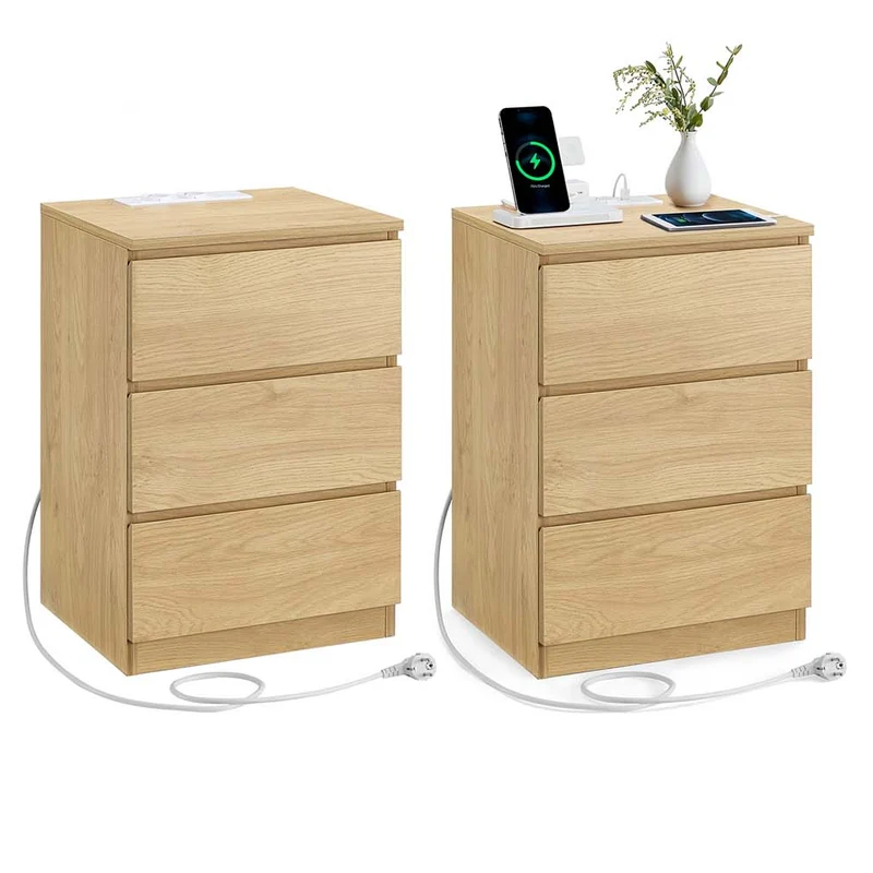 Table de chevet avec multiprise table d’appoint avec 3 tiroirs 2 prises ca 2 ports usb façades de tiroirs biseautées pour salon chambre bureau moderne marron 12_0007614