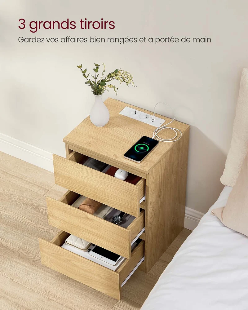 Table de chevet avec multiprise table d’appoint avec 3 tiroirs 2 prises ca 2 ports usb façades de tiroirs biseautées pour salon chambre bureau moderne marron 12_0007614