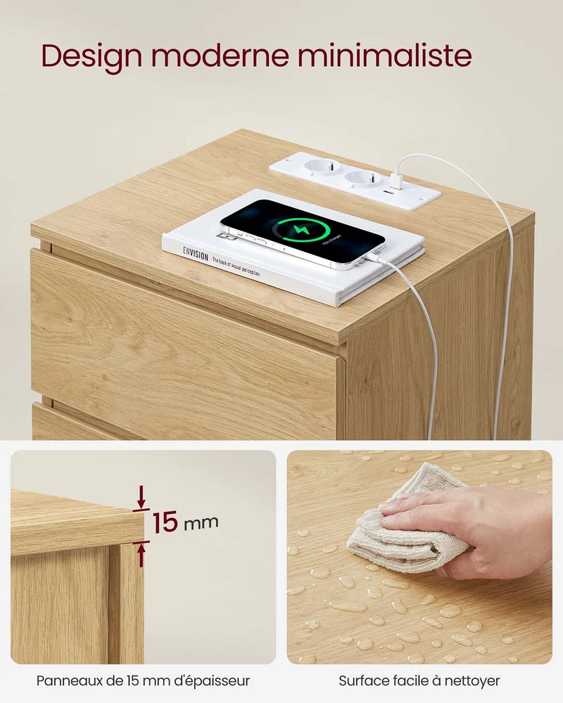 Table de chevet avec multiprise table d’appoint avec 3 tiroirs 2 prises ca 2 ports usb façades de tiroirs biseautées pour salon chambre bureau moderne marron 12_0007614