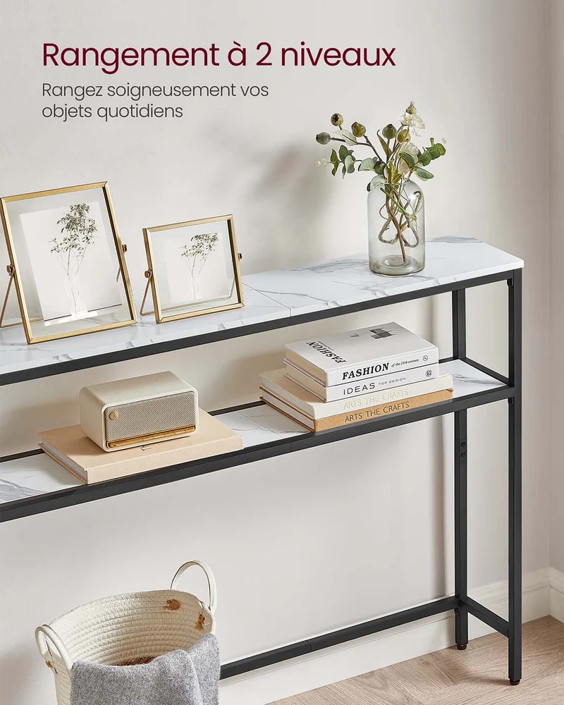 Console pour couloir table de salon fine à 2 niveaux 20 x 120 x 80 cm table d’appoint avec 2 étagères pour salon chambre blanc marbré et noir 12_0005227