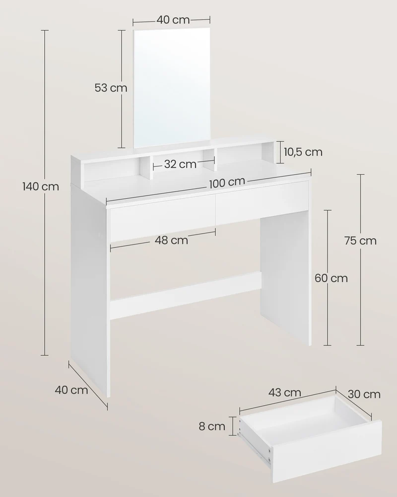 Coiffeuse avec miroir rectangulaire table de maquillage avec 2 tiroirs et 3 compartiments de rangement style moderne blanc 12_0005168