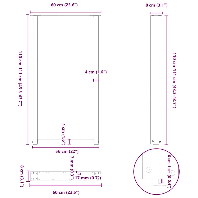 Lot de 2 pieds de table de bar en U 60 x 110 cm avec niveleurs réglables design moderne en acier noir 02_0057488