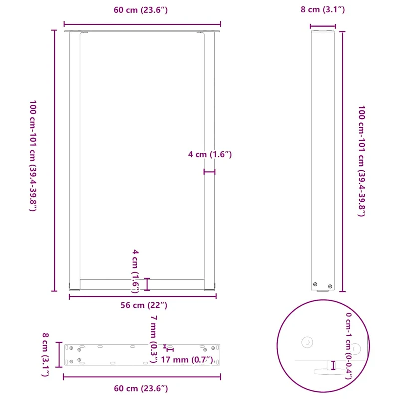 Lot de 2 pieds de table de bar en U réglables 60 x 100 cm design moderne fonctionnel en acier noir 02_0057476