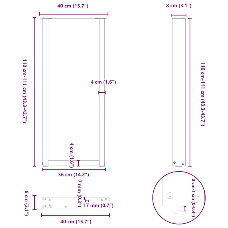 Lot de 2 pieds de table de bar en U 40 x 110-111 cm esthétiques modernes avec niveleurs réglables en acier blanc 02_0057481