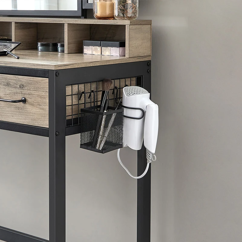 Ensemble de coiffeuse 90 x 40 x 141 cm table de toilette avec tabouret rembourré avec miroir triple 3 tiroirs porte-sèche-cheveux pot style industriel marron rustique et noir 12_0005418