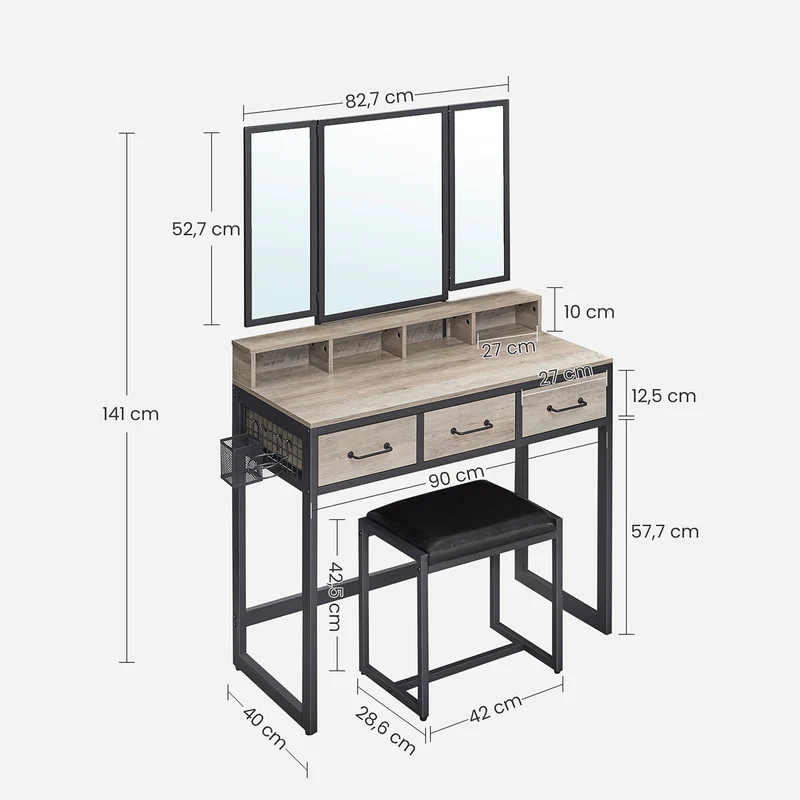 Ensemble de coiffeuse 90 x 40 x 141 cm table de toilette avec tabouret rembourré avec miroir triple 3 tiroirs porte-sèche-cheveux pot style industriel marron rustique et noir 12_0005418